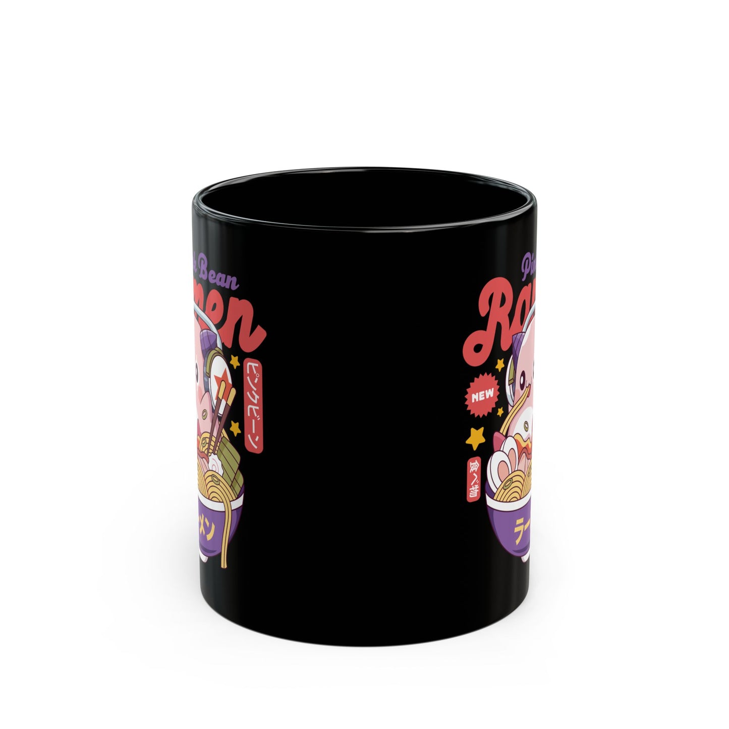 Pink Bean Ramen Kawaii Black Mug