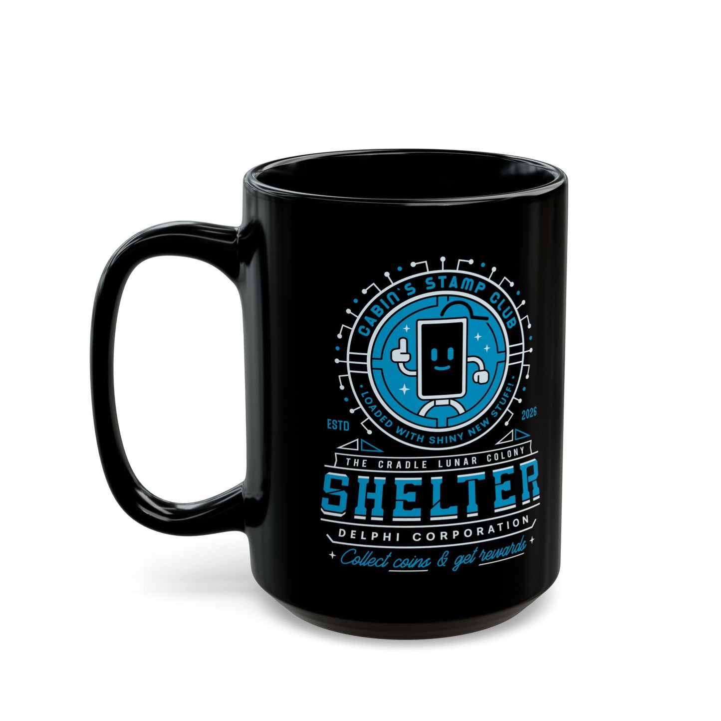 Cabin Coins Stamp Club Emblem Black Mug