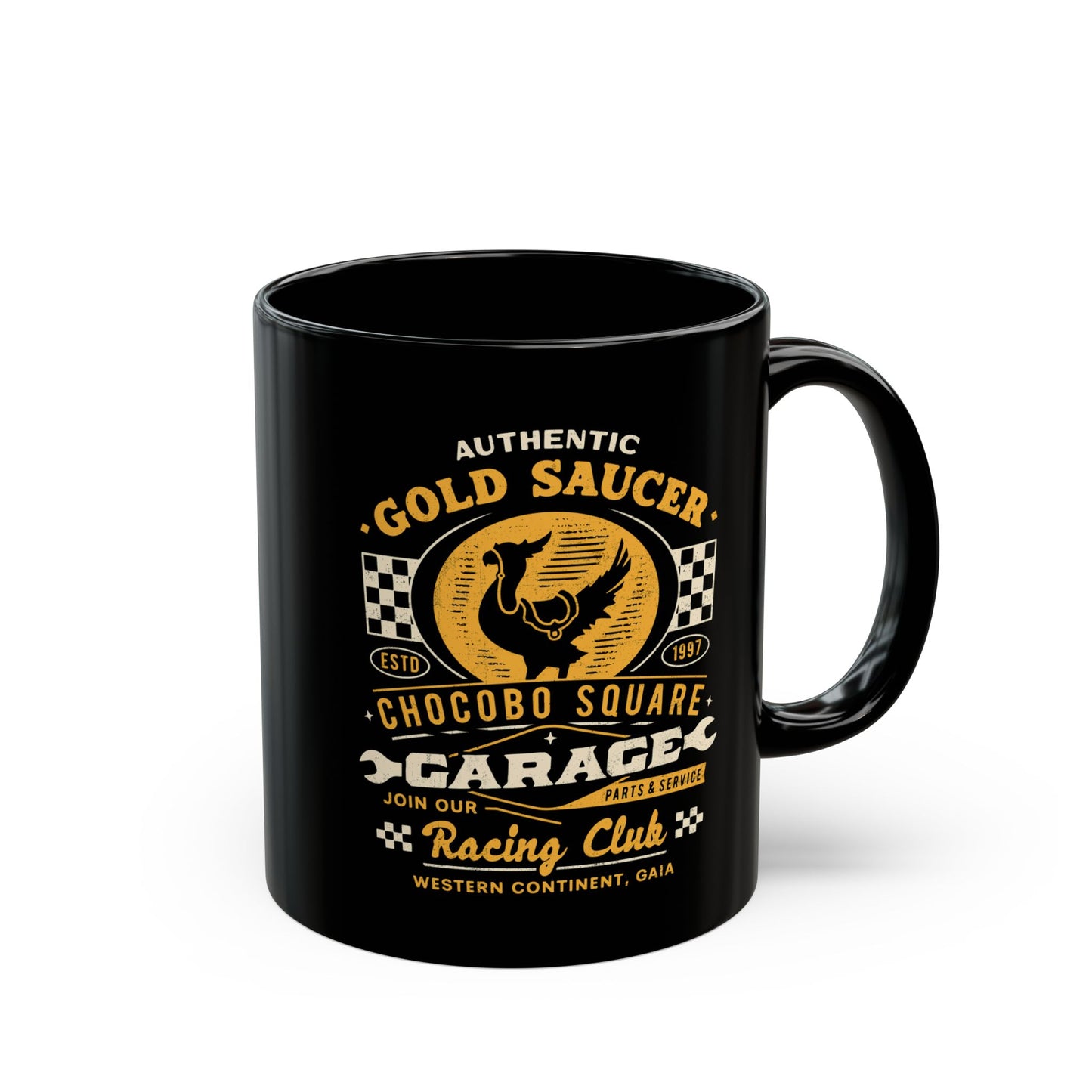 Gold Saucer Garage Vintage Black Mug