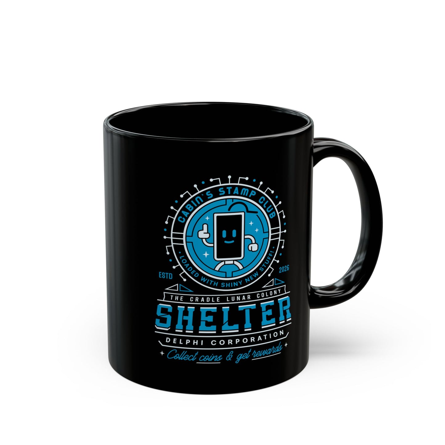 Cabin Coins Stamp Club Emblem Black Mug
