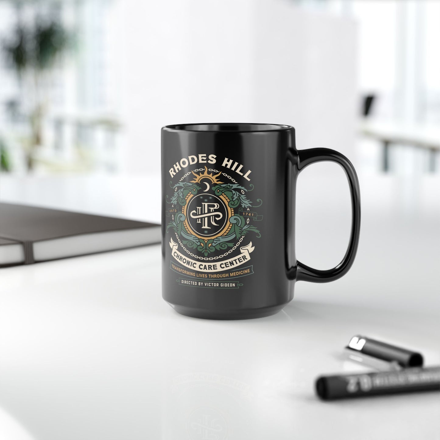 Rhodes Hill Chronic Care Center Crest Black Mug