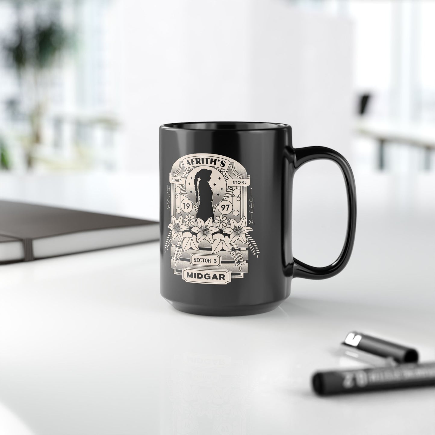Aerith And Flowers Black Mug